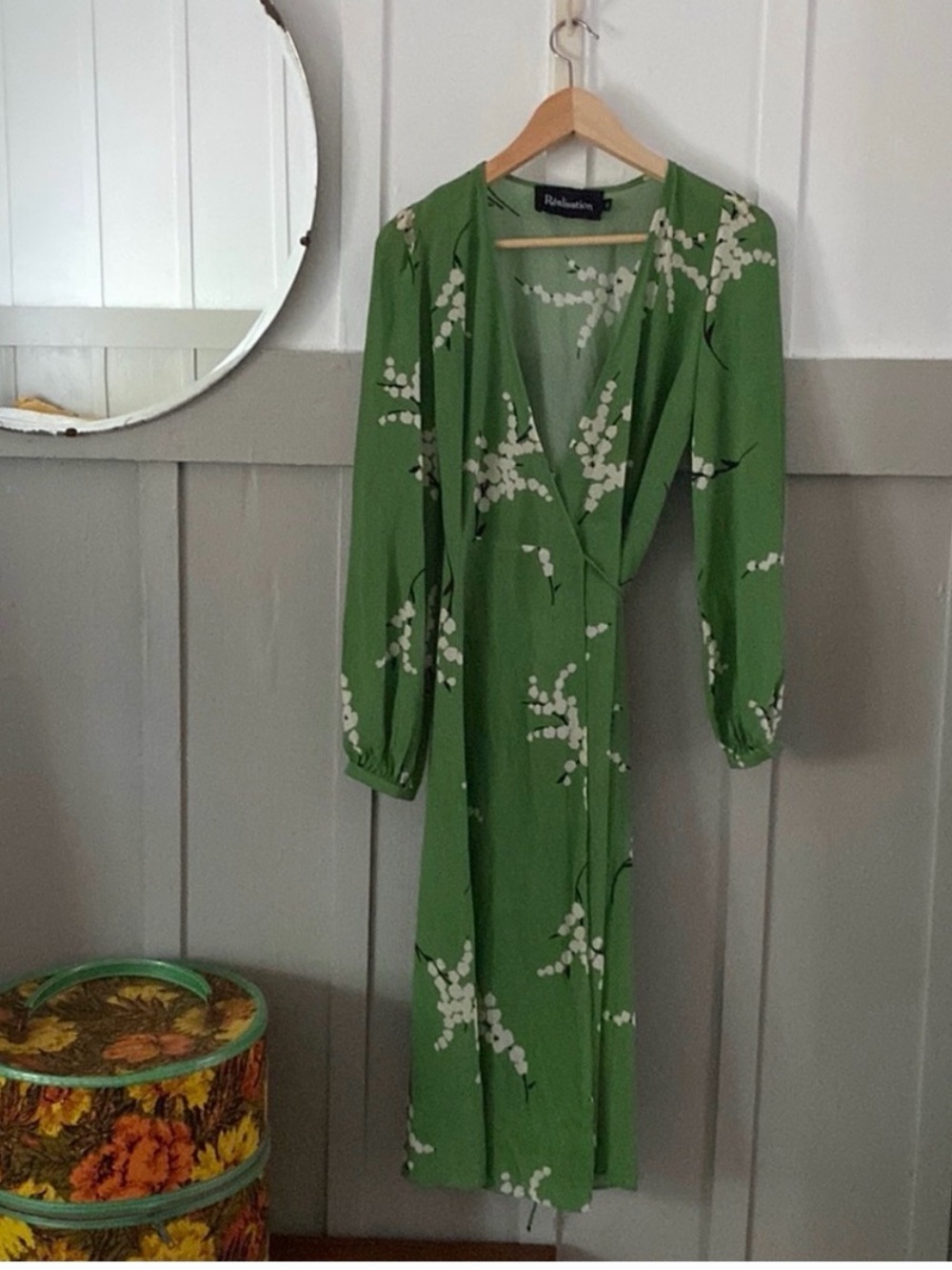 Realisation Par Green Midi Dress with White Floral Print xs